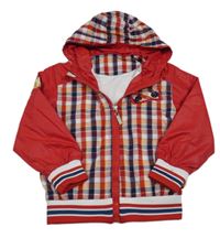 Červeno-kostkovaná šusťáková jarní bunda s kapucí