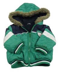 Zeleno-tmavomodro-bílá šusťáková zateplená bunda s nášivkou a kapucí