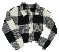 Černo-bílá kostkovaná chlupatá propnací crop mikina Shein