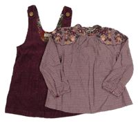 2set - Vínové manšestrové laclové šaty + vínovo-šedá kostkovaná halenka s výšivkami květů Next