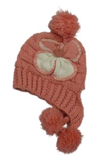 Růžová pletená čepice s květinou a bambulí