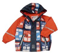 Tmavomodro-červená nepromokavá lehce zateplená bunda s autobusy a kapucí Lupilu