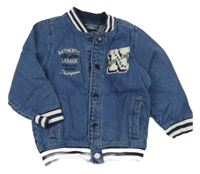 Modrá riflová baseballová bunda s písmenem a nápisem Next