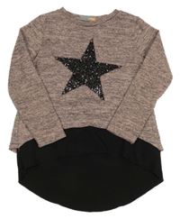 Starorůžovo-černé melírované úpletové triko s hvězdou z flitrů a halenkou