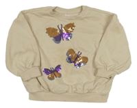 Béžová oversize mikina s motýly z flitrů