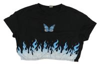 Černé crop tričko s motýlem a ohněm Shein