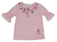 Růžovo-bílé pruhované tričko s květinami a motýly Topolino