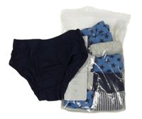 Nové - 9x slipy - 3x modré s hvězdami + 2x šedé melírované + 2x tmavomodré + bílé + bílo-tmavomodré pruhované F&F