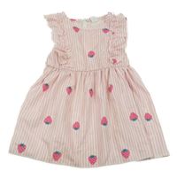 Růžovo-bílé pruhované šaty s jahodami a volány Shein