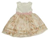 Bílo-meruňkové slavnostní šaty s výšivkami s flitry a mašlí Yigga