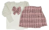 2set - Bílé žebrované triko s kostkovanou mašlí + kostkovaná sukně