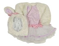 Kostým - 2 set - Bílé chlupaté/tylové šaty + chlupatá čepice s ušima 