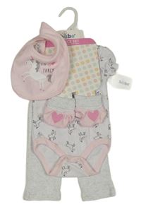 Nové - 4 set - šedé legíny + bílé body s jednorožci + růžový bryndák + světlerůžové capáčky 