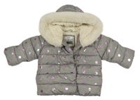 Šedá šusťáková zimní bunda s růžovými puntíky a kapucí M&S