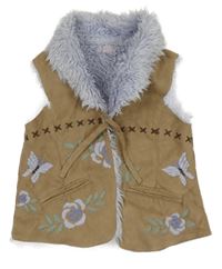 Hnědo-lila semišová zateplená vesta s výšivkami