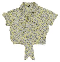 Žluto-fialová květovaná lehká crop halenka 