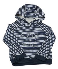 Tmavomodro-bílá pruhovaná mikina s nápisem a kapucí 