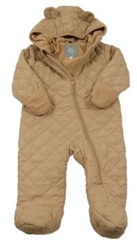 Béžová šusťáková prošívaná zimní kombinéza s kapucí F&F