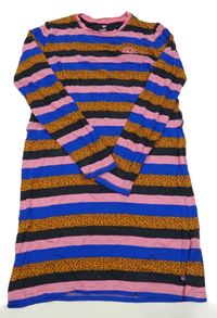 Růžovo-hnědo-černé pruhované šaty s výšivkou WE