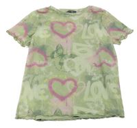 Zeleno-fialové šifonové tričko se srdíčky a všitým topem Primark