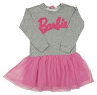 Šedo-růžové teplákové šaty s nápisem a tylovou sukní - BARBIE