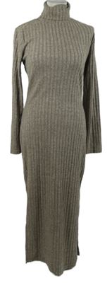 Dámské hnědé žebrované úpletové midi šaty s rolákem 