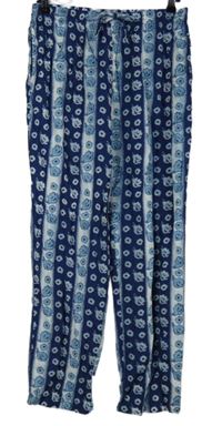 Dámské modro-tmavomodré květované volné kalhoty 