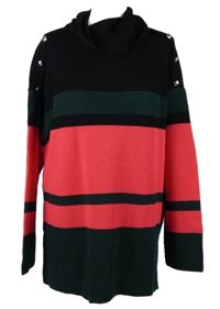 Dámský černo-růžovo-tmavozelený pruhovaný svetr s komínovým límcem Bodyflirt 