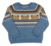 Modro-bílo-hnědý svetr s medvědy 