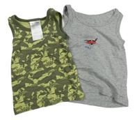 2x nátělník - šedý se psem + khaki s dinosaury 92/98