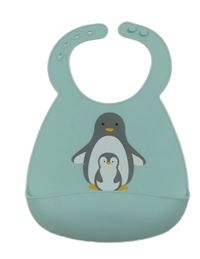 Světlemodrý gumový bryndák s tučňáčky a kapsou