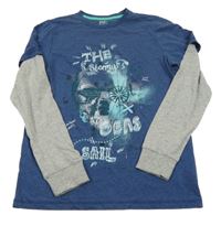 Modré triko s potiskem a šedými rukávy F&F