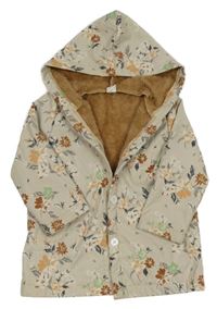 Béžová květovaná šusťáková zateplená bunda s kapucí Shein