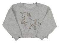 Světlešedá crop mikina s jednorožcem z kamínků M&Co.