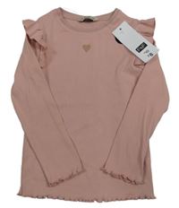 Nové -Světlerůžové žebrované triko s volánky a srdíčkem F&F
