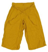 Okrové puntíkované culottes kalhoty s provázkem v pase De Facto 
