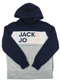 Tmavomodro-šedo-bílá mikina s logem a kapucí Jack&Jones