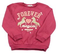 Fuchsiová mikina s jednorožci a nápisy C&A