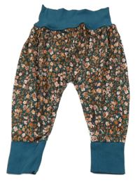 Petrolejové turecké kalhoty s kytičkami 