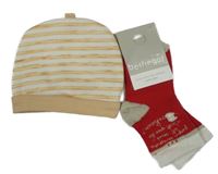 Nové - 2set - Pruhovaná bavlněná čepice + červené ponožky 