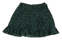 Tmavozelená lehká sukně s volánky a puntíky 