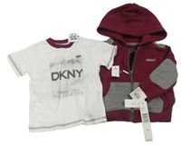 2Set - Vínovo-šedá propínací mikina s logem a kapucí + bílo/vínové tričko zn. DKNY