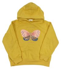 Okrová mikina s motýlkem z flitrů a kapucí H&M