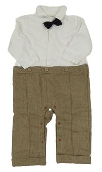 Hnědo/béžovo-bílý vzorovaný vlněno/bavlněný slavnostní overal s motýlkem a límečkem ZOEREA