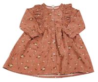 Skořicové manšestrové propínací šaty s kytičkami a volánky SHEIN