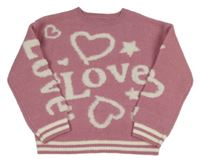 Starorůžový oversize svetr s nápisy a srdíčky a pruhy St. Bernard