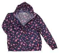 Tmavomodrá šusťáková nepromokavá funkční bunda s motýlky a ukrývací kapucí gelert