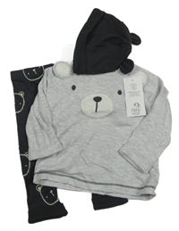 Nové - 3Set - Šedé melírované triko s medvídkem + tmavošedé žebrované tepláky s medvídky + čepice s oušky F&F