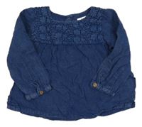 Modrá lněná halenka s krajkou s kytikami Next