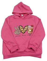 Tmavorůžová mikina s dlaní a srdíčkem a kávou a kapucí